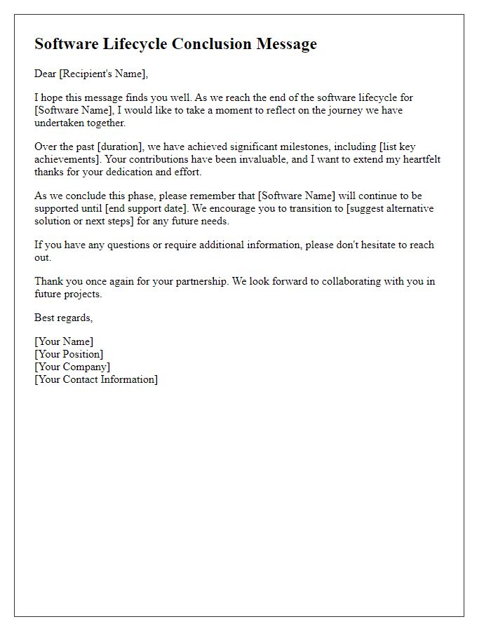 Letter template of software lifecycle conclusion message