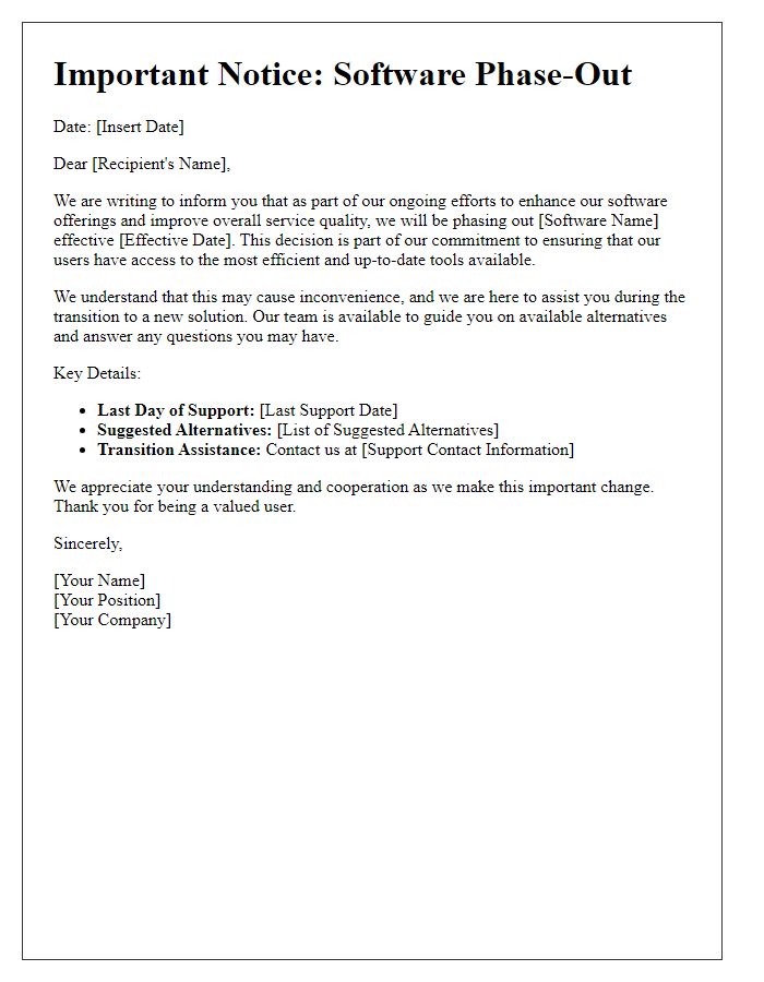 Letter template of software phase-out communication