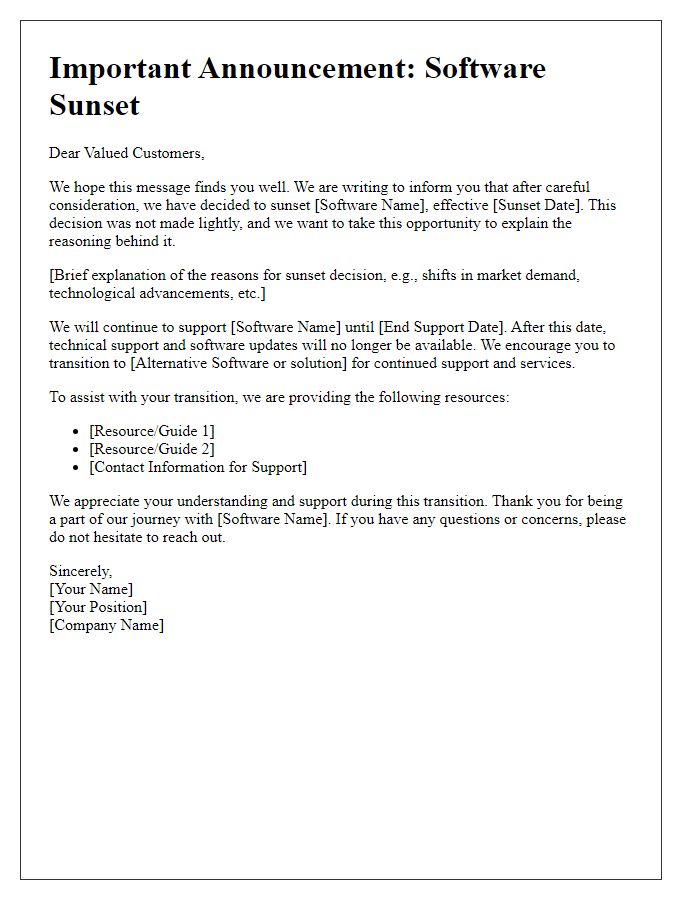 Letter template of software sunset announcement