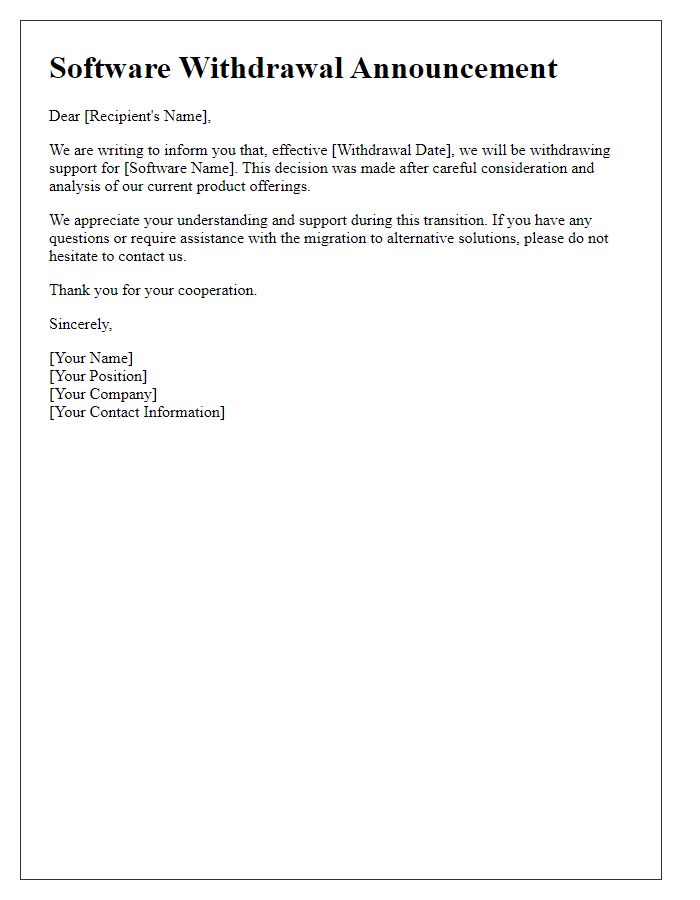 Letter template of software withdrawal announcement