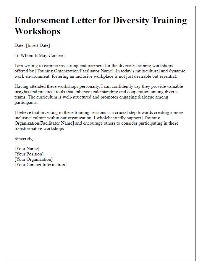 Letter template of endorsement for diversity training workshops