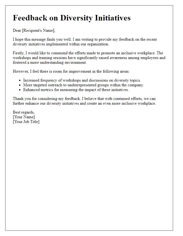 Letter template of feedback on diversity initiatives