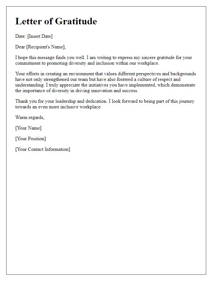 Letter template of gratitude for promoting a diverse workplace