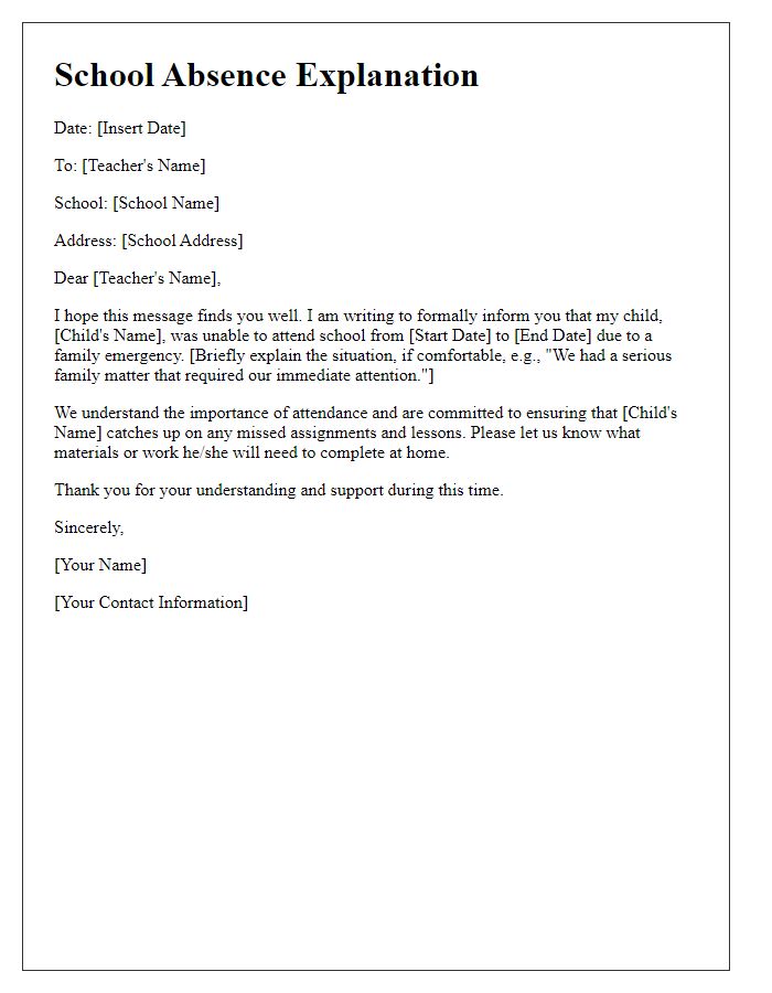 Letter template of school absence explanation due to family emergency.