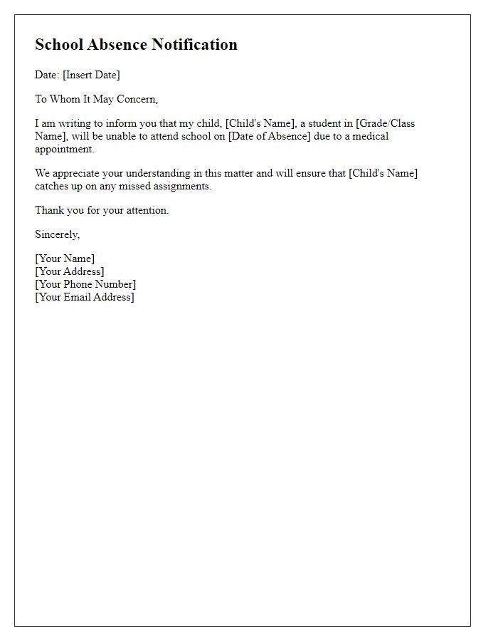 Letter template of school absence notification for a medical appointment.