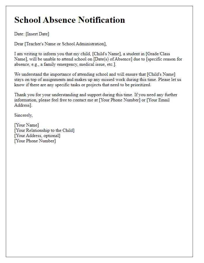 Letter template of school absence notification for special circumstances.