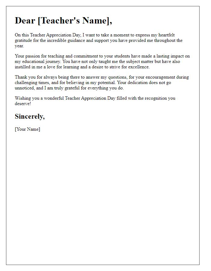 Letter template of appreciation for educational guidance on Teacher Appreciation Day