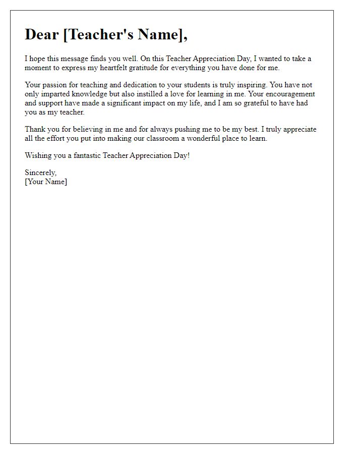 Letter template of thanks to an inspiring teacher on Teacher Appreciation Day