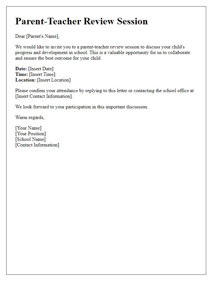 Letter template of arrangement for parent-teacher review session