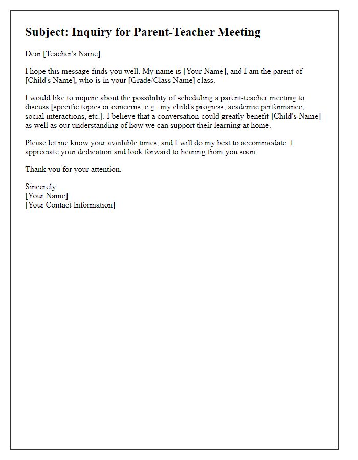 Letter template of inquiry for parent-teacher meeting