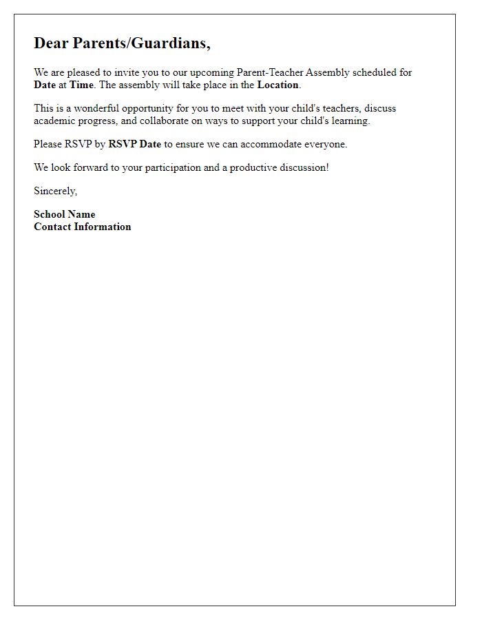 Letter template of notification for parent-teacher assembly