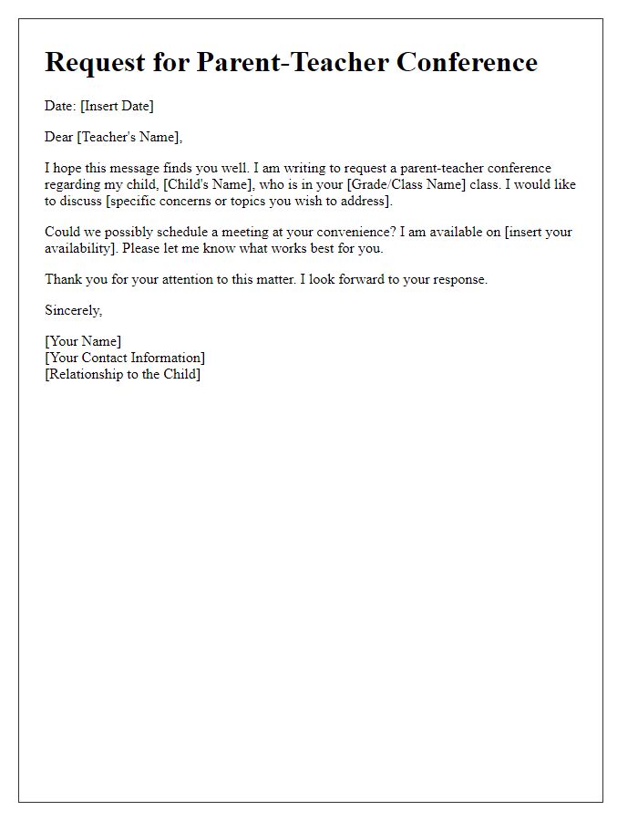 Letter template of request for parent-teacher conference