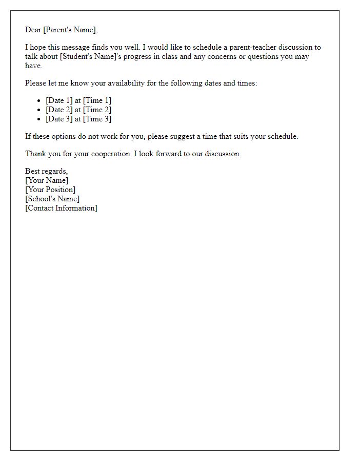 Letter template of scheduling a parent-teacher discussion