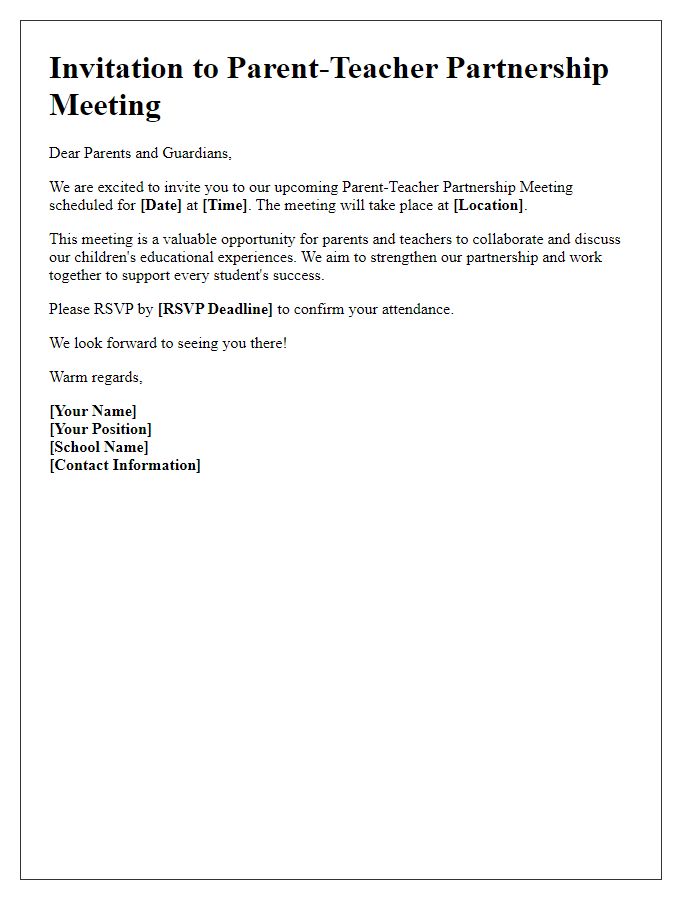 Letter template of solicitation for parent-teacher partnership meeting