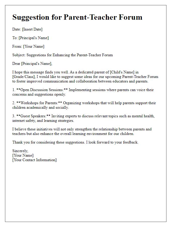 Letter template of suggestion for parent-teacher forum