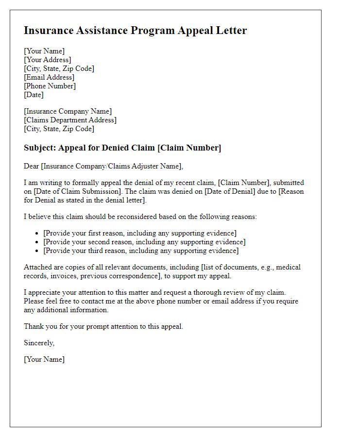 Letter template of insurance assistance program appeal for denied claims.