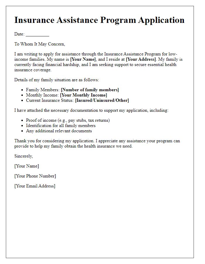 Letter template of insurance assistance program application for low-income families.