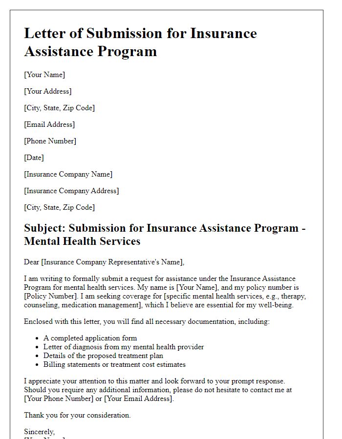 Letter template of insurance assistance program submission for mental health services.