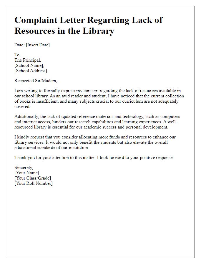 Letter template of a complaint to the principal regarding lack of resources in the library.