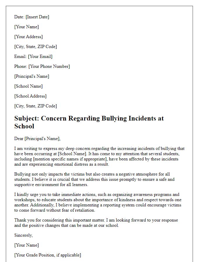 Letter template of a concern addressed to the principal about bullying incidents in school.