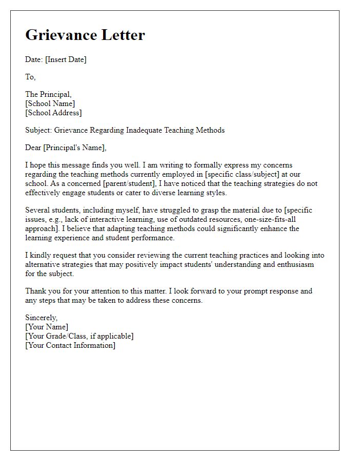 Letter template of a grievance submitted to the principal regarding inadequate teaching methods.