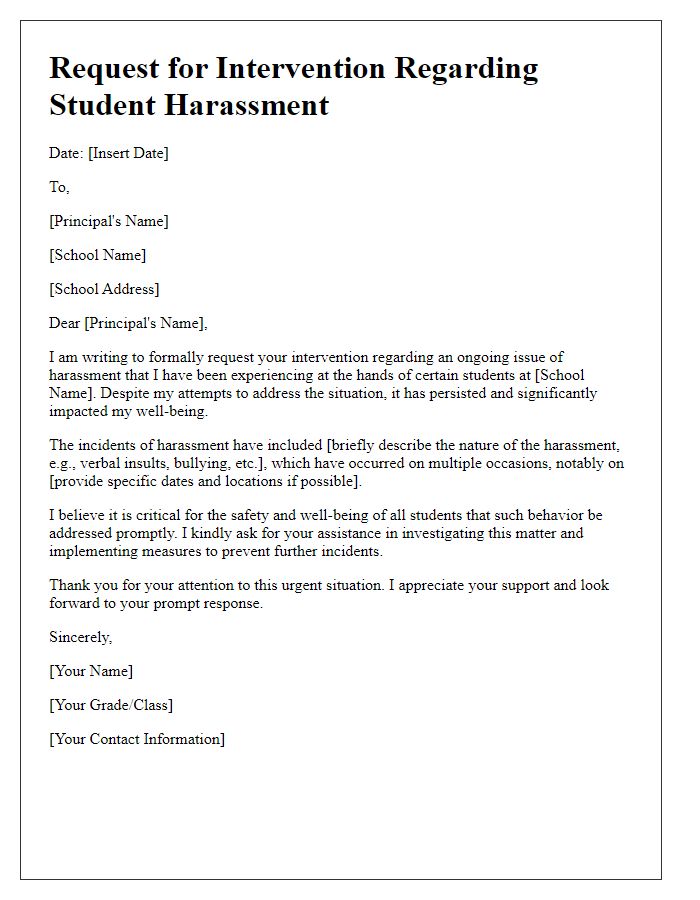 Letter template of a request for intervention from the principal about harassment by students.