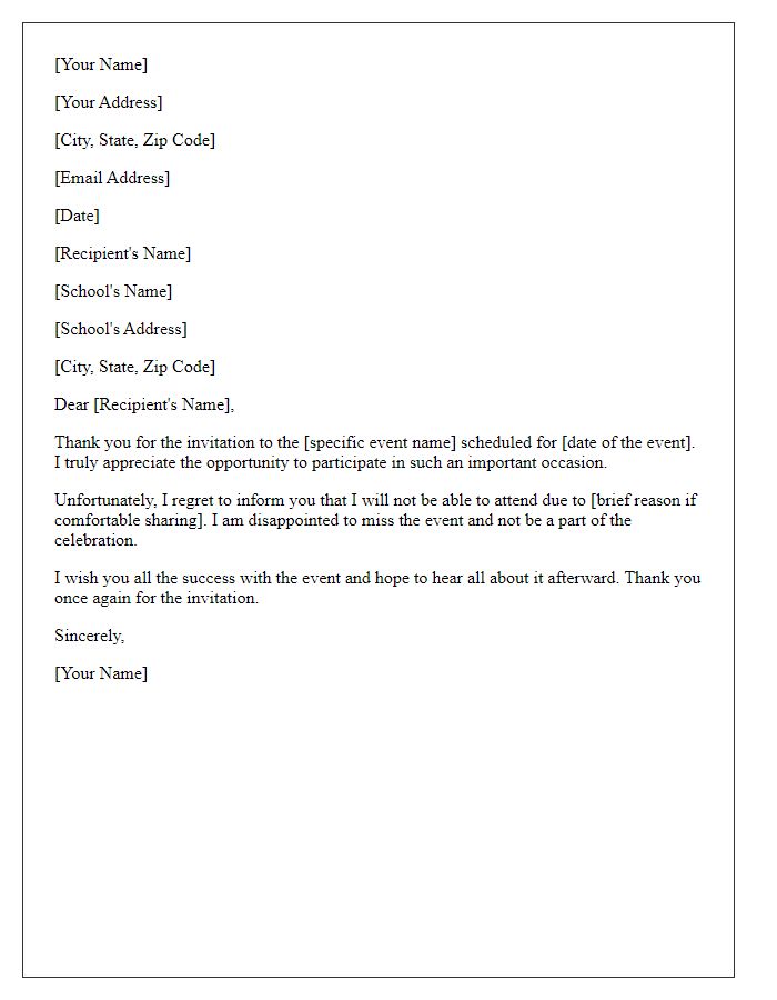 Letter template of acknowledging school event invitation but unable to participate
