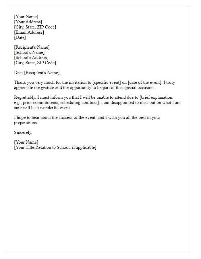 Letter template of formally declining school event invitation