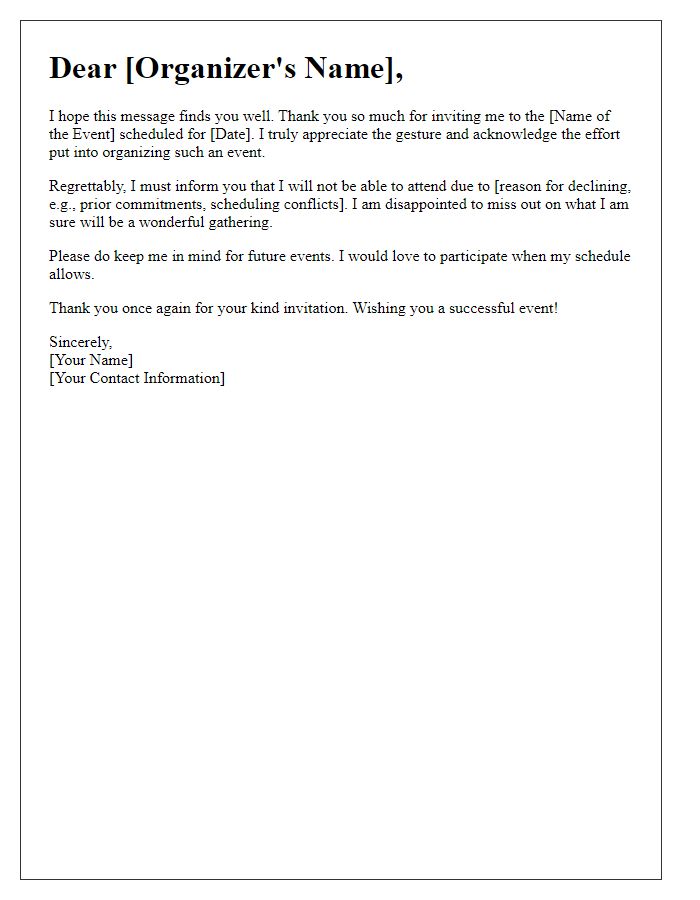 Letter template of gracefully declining school event invitation