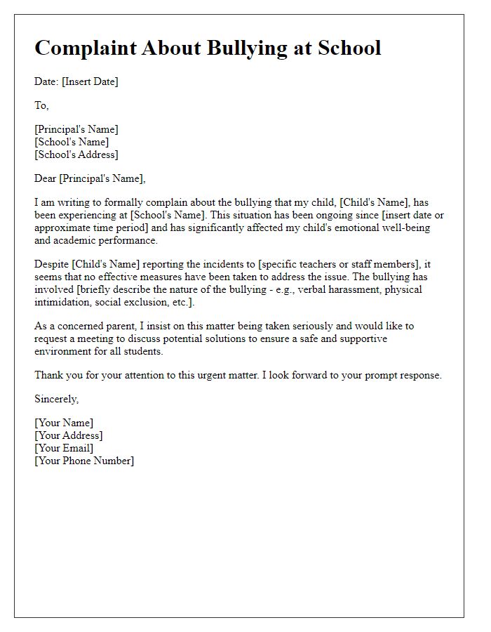 Letter template of Complaint About Bullying at School