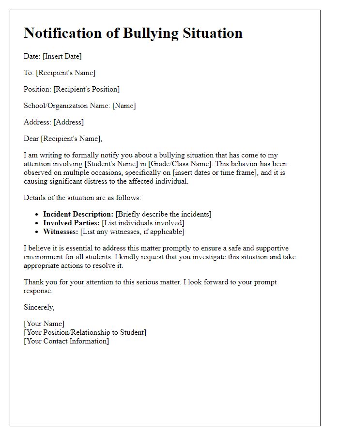 Letter template of Notification of Bullying Situation