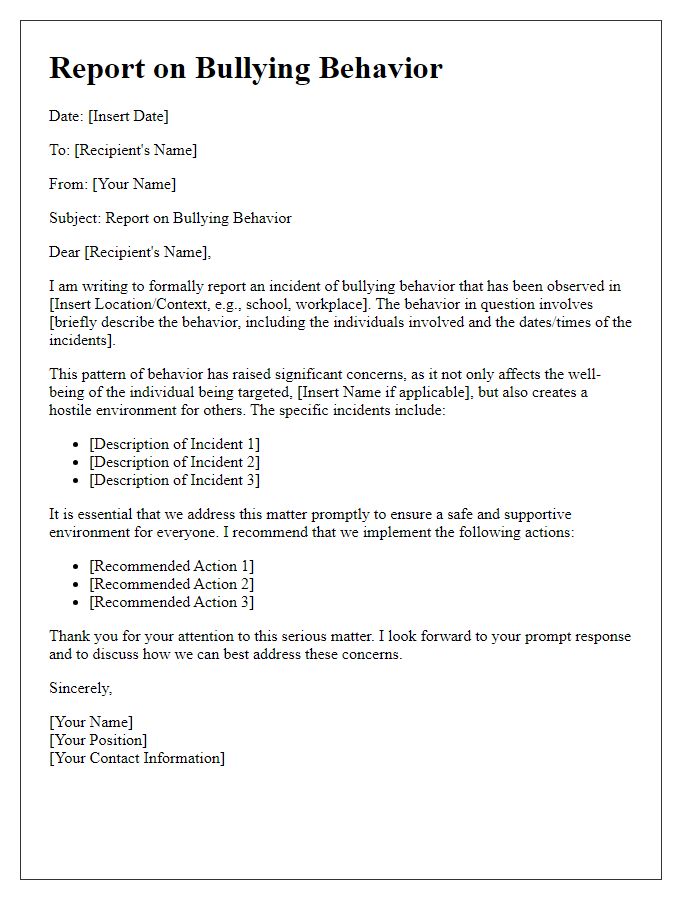 Letter template of Report on Bullying Behavior