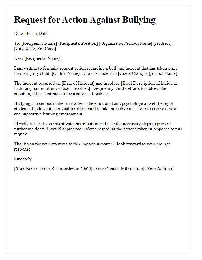 Letter template of Request for Action Against Bullying