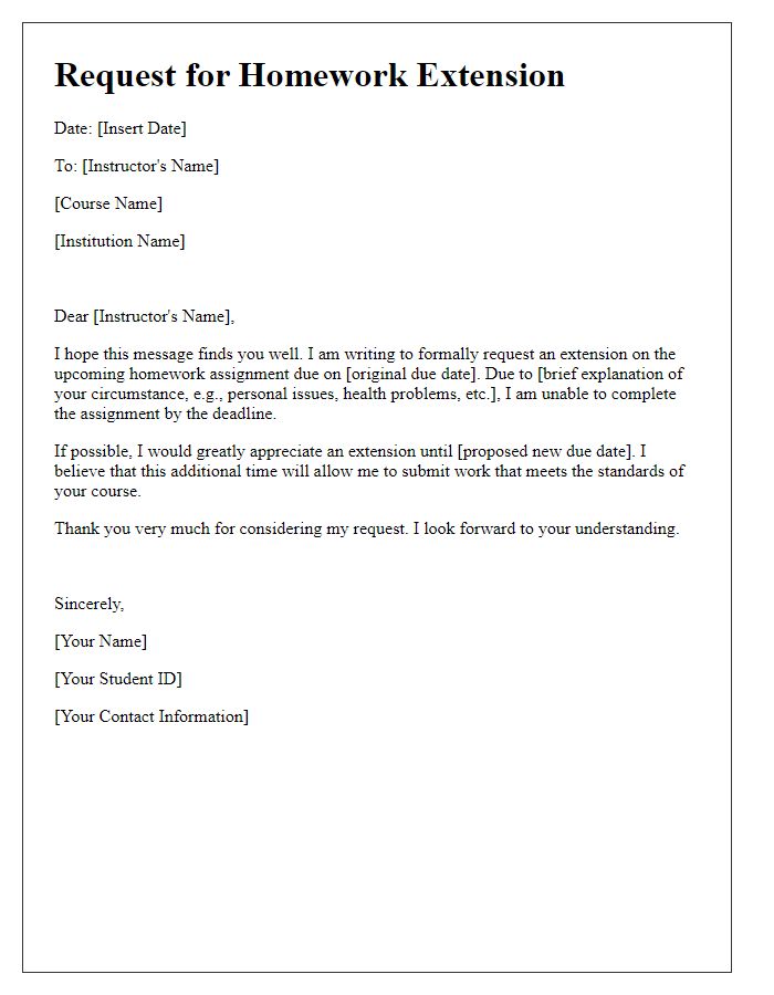 Letter template of administrative request for homework extension