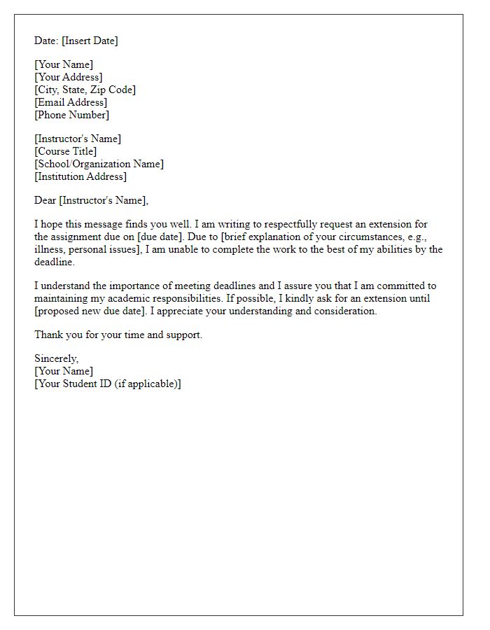 Letter template of respectful request for homework extension