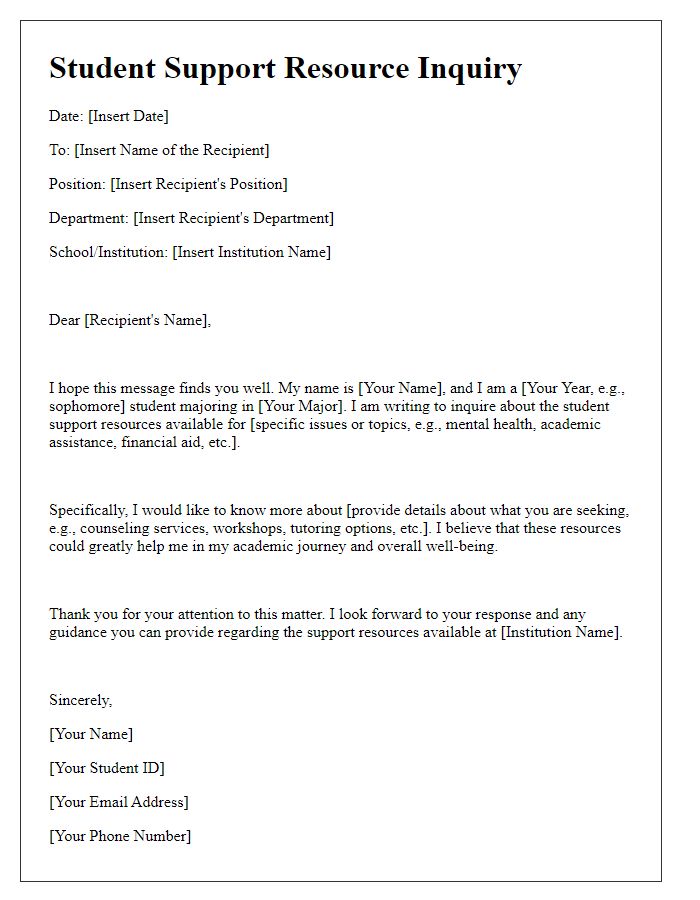 Letter template of Student Support Resource Inquiry