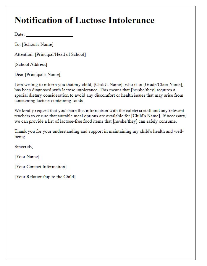 Letter template of advising school about lactose intolerance