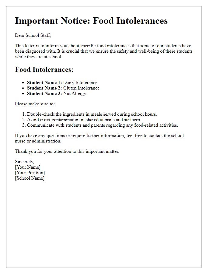 Letter template of alerting school staff on specific food intolerances