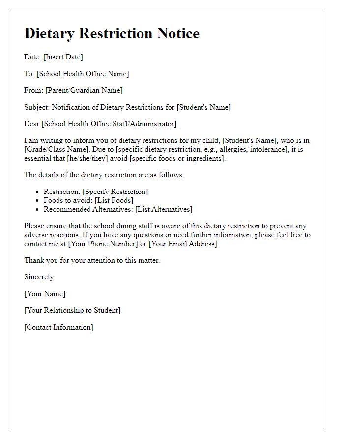 Letter template of dietary restriction notice for school health office