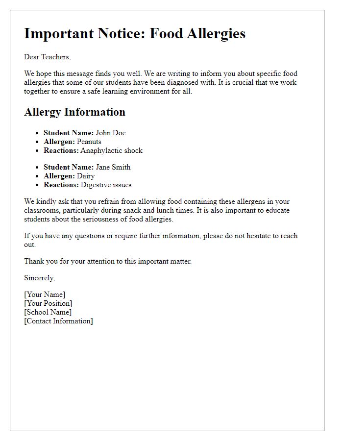 Letter template of informing teachers about food allergies