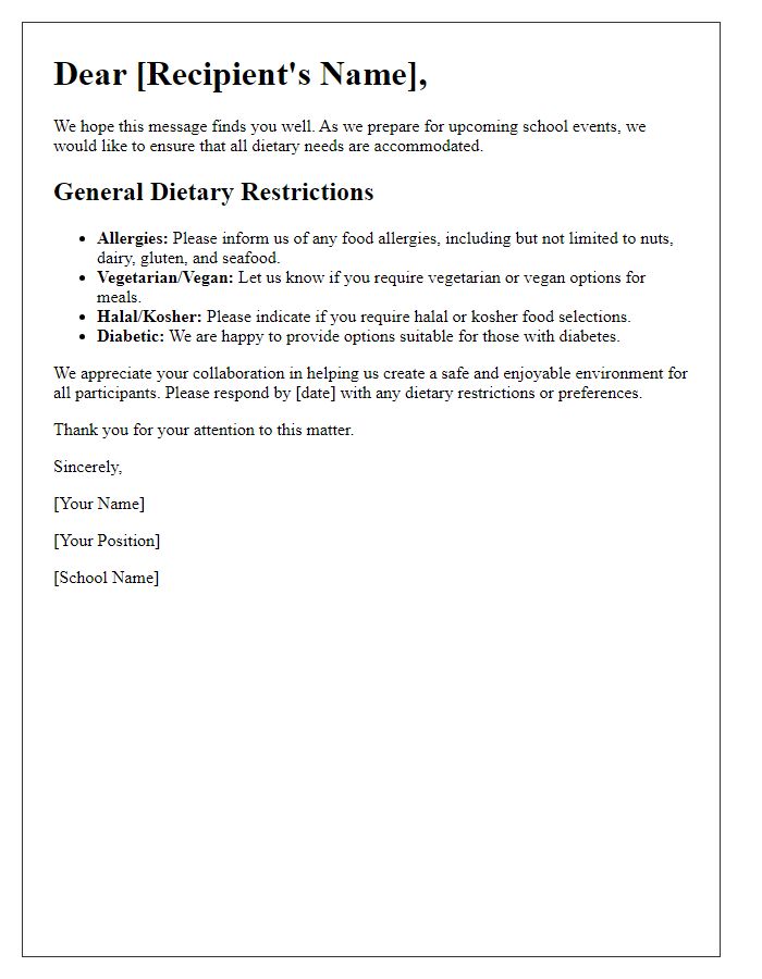 Letter template of outlining general dietary restrictions for school events