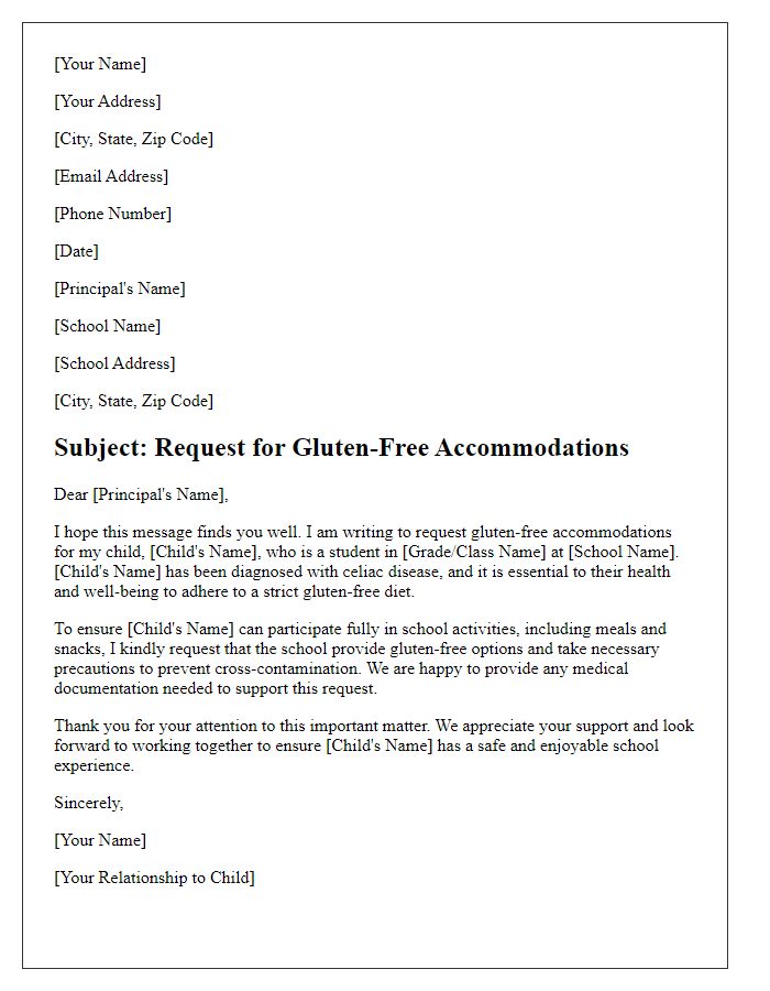 Letter template of requesting gluten-free accommodations at school