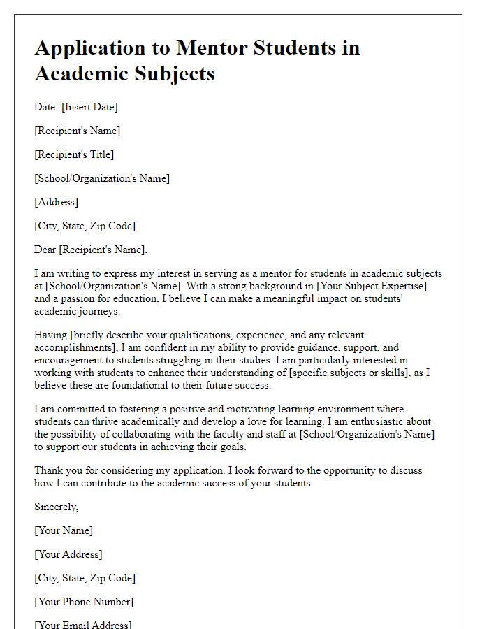 Letter template of application to mentor students in academic subjects