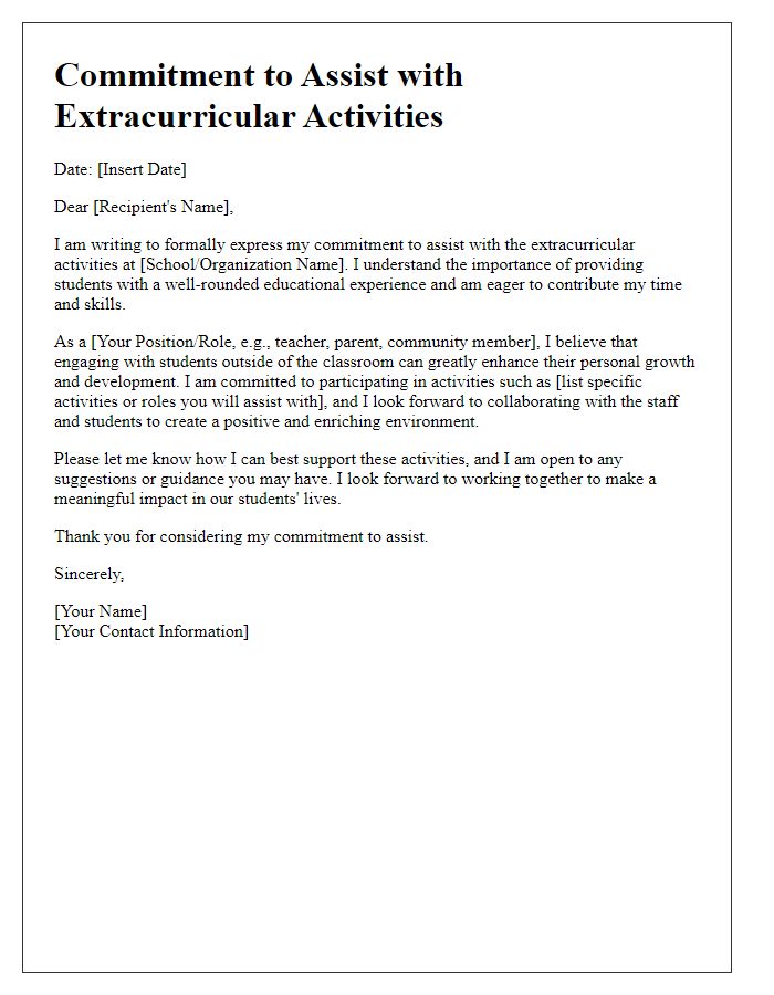 Letter template of commitment to assist with extracurricular activities