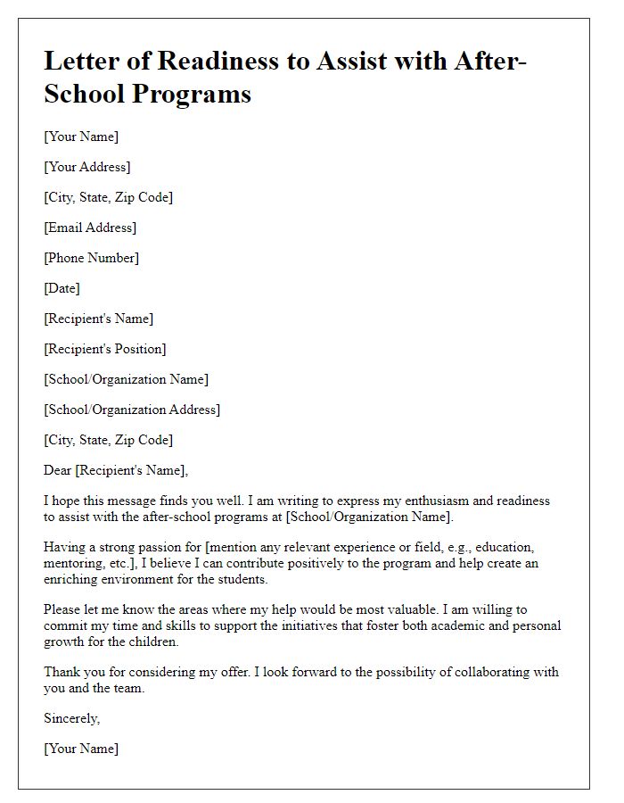 Letter template of readiness to help with after-school programs