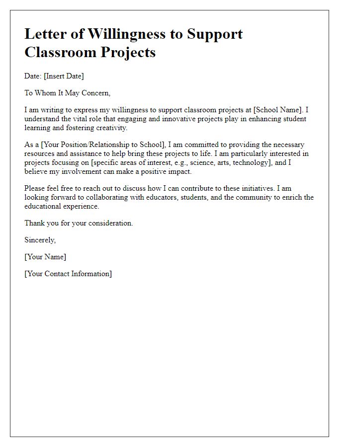 Letter template of willingness to support classroom projects