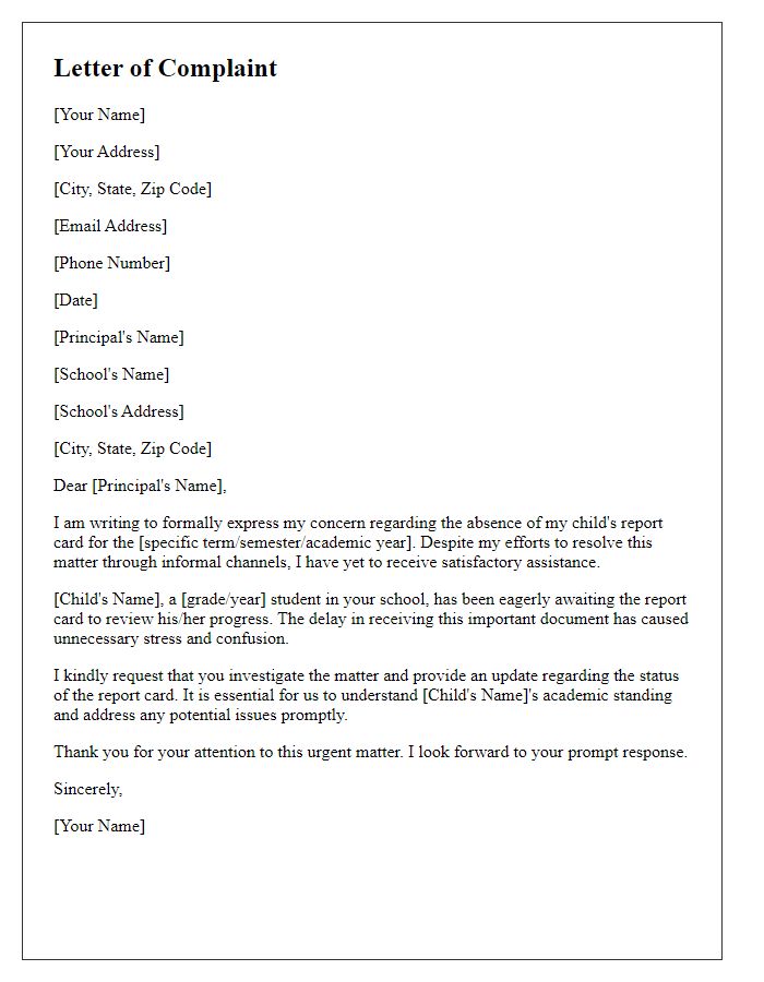 Letter template of complaint about missing report card