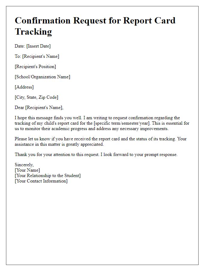 Letter template of confirmation request for report card tracking