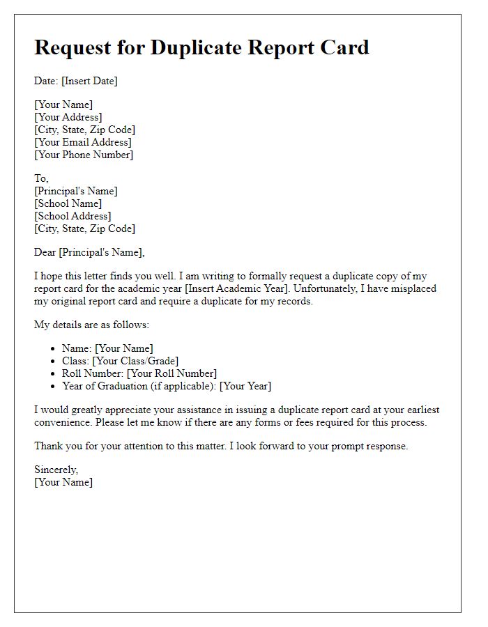 Letter template of request for duplicate report card