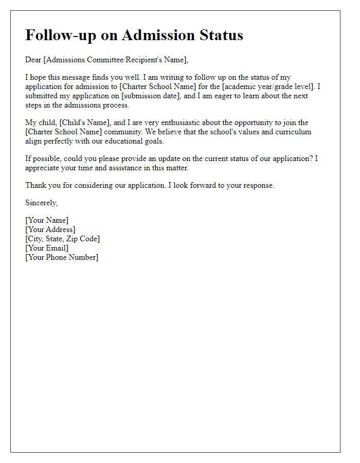 Letter template of follow-up regarding charter school admission status